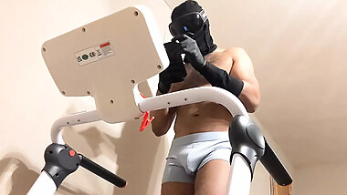 Big Bulge Showing In Gray Boxers On Treadmill