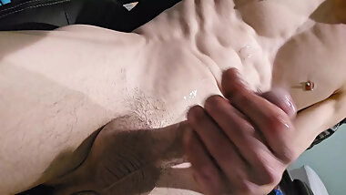 hot, skinny, muscular guy with huge super hard dick busts a fat load of cum all over his 6 pack abs