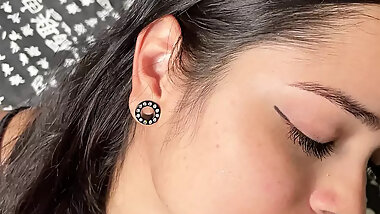 Cute and submissive girlfriend giving a deep and sloppy blowjob to a big dick