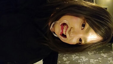 A cross-dressing boy wearing a black dress masturbated wearing black full-body tights on his innerwear.