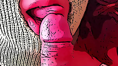 Cartoon girl jerks off and sucks her good friend's big cock until he cums white sperm