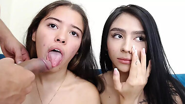 Schoolgirls lick cock, and taste their tongues while sharing saliva