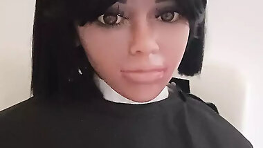 Ebony mini sex doll topless salon cape fetish play
