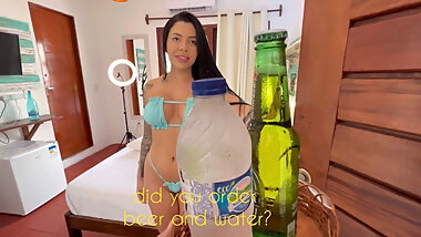 Hot brunette fucks waiter who was a fan and worked at an inn