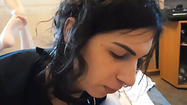 Bottom Sissy Slave Slut Serves Her Owner as Beeer Stand, Sucks and Kisses Dick and Liks Ass While Owner Watch Football